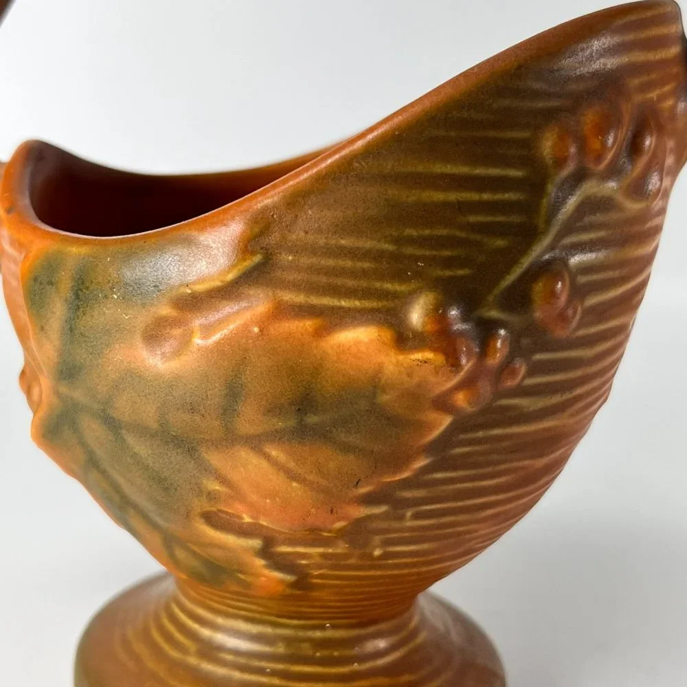 Vtg Roseville Basket Bushberry Branch Handle Russet Ceramic 40s Marked 369 6 1/2